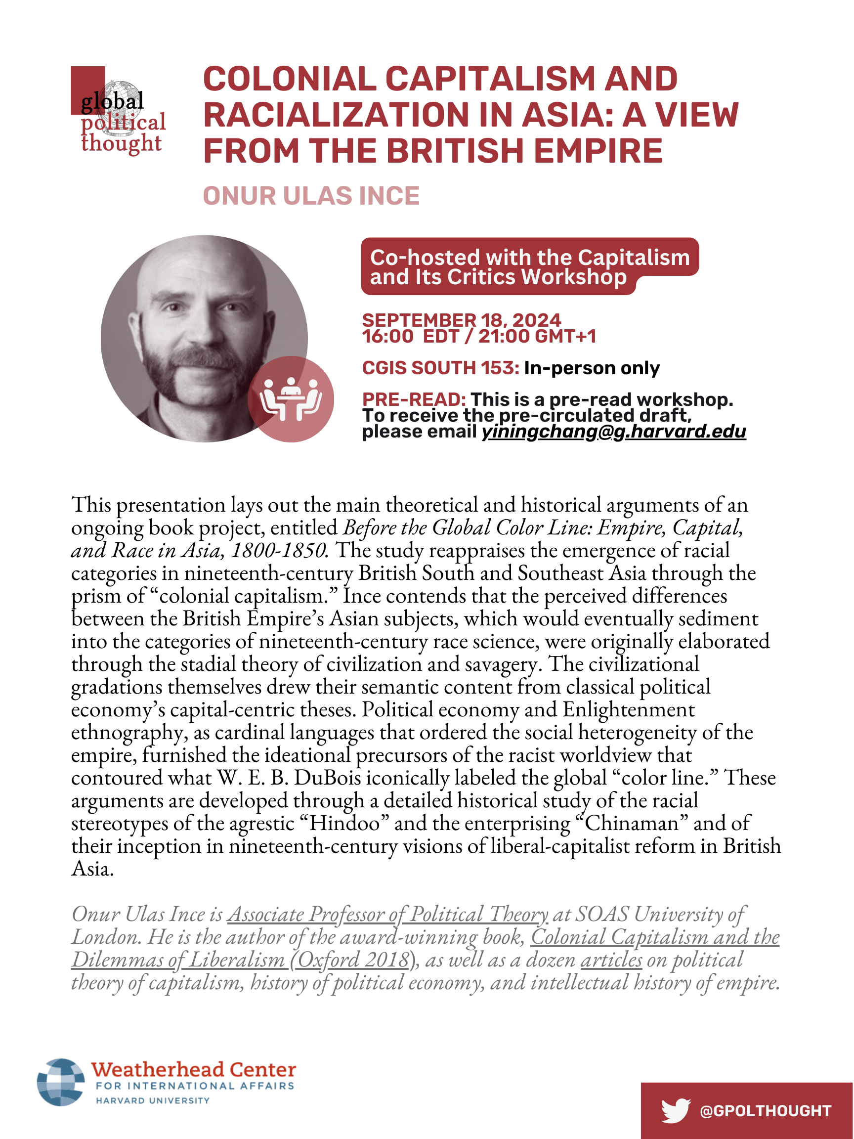 Poster with event details for Ulas Ince's talk