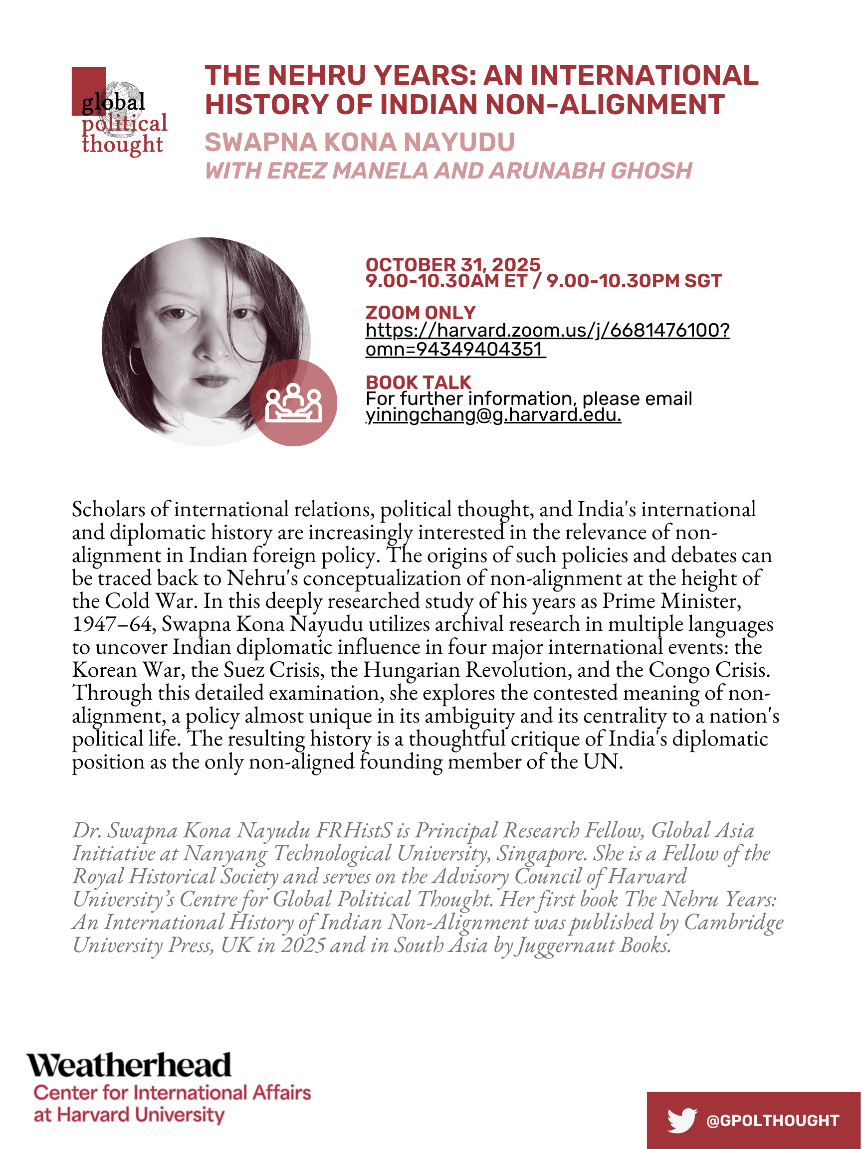 Poster with event details for Swapna Kona Nayudu's book talk